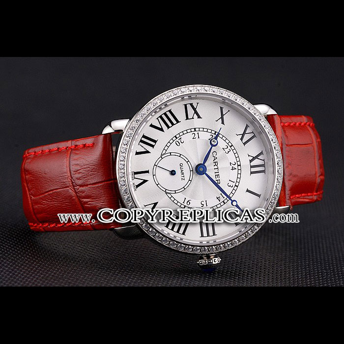 Cartier Ronde Louis Cartier White Dial Stainless Steel Diamond Bezel Red Leather Strap CTR5971 - Photo-2