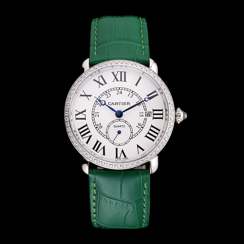 Cartier Ronde Louis Cartier White Dial Stainless Steel Diamond Bezel Green Leather Strap CTR5972