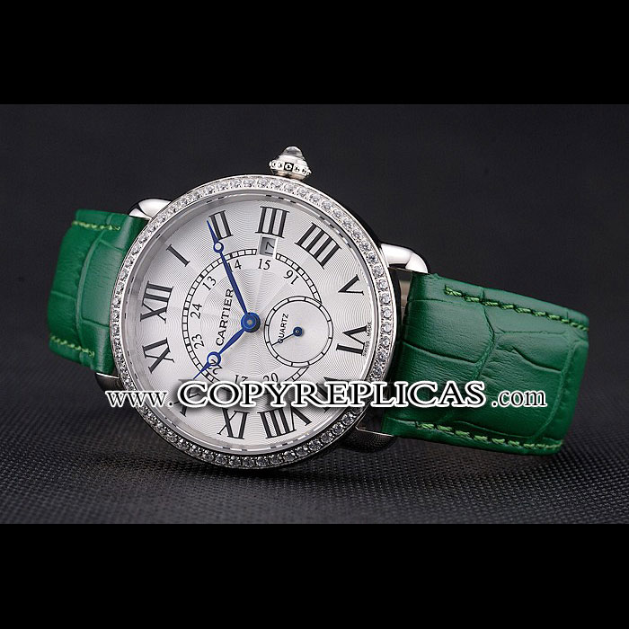 Cartier Ronde Louis Cartier White Dial Stainless Steel Diamond Bezel Green Leather Strap CTR5972 - Photo-2