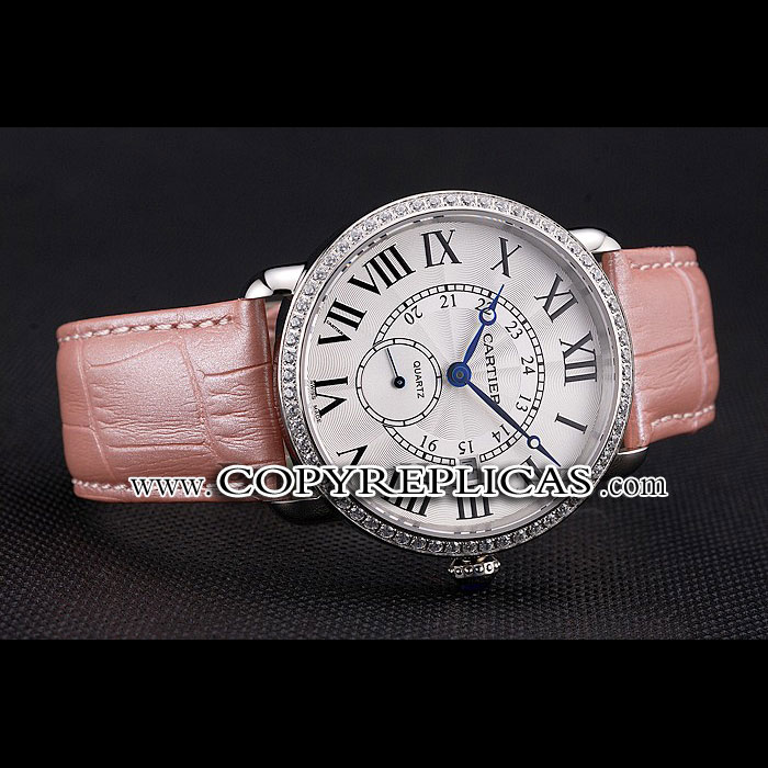 Cartier Ronde Louis Cartier White Dial Stainless Steel Diamond Bezel Pink Leather Strap CTR5973 - Photo-2
