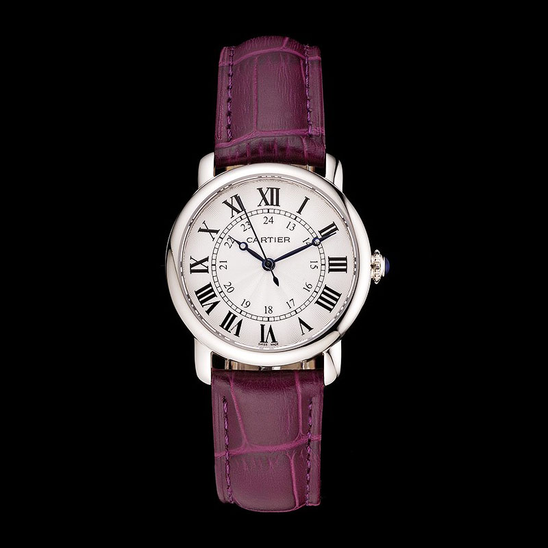 Cartier Ronde White Dial Stainless Steel Case Purple Leather Strap CTR5976