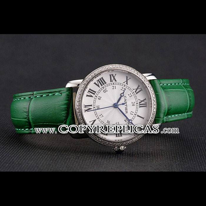 Cartier Ronde White Dial Diamond Bezel Stainless Steel Case Green Leather Strap CTR5978 - Photo-2