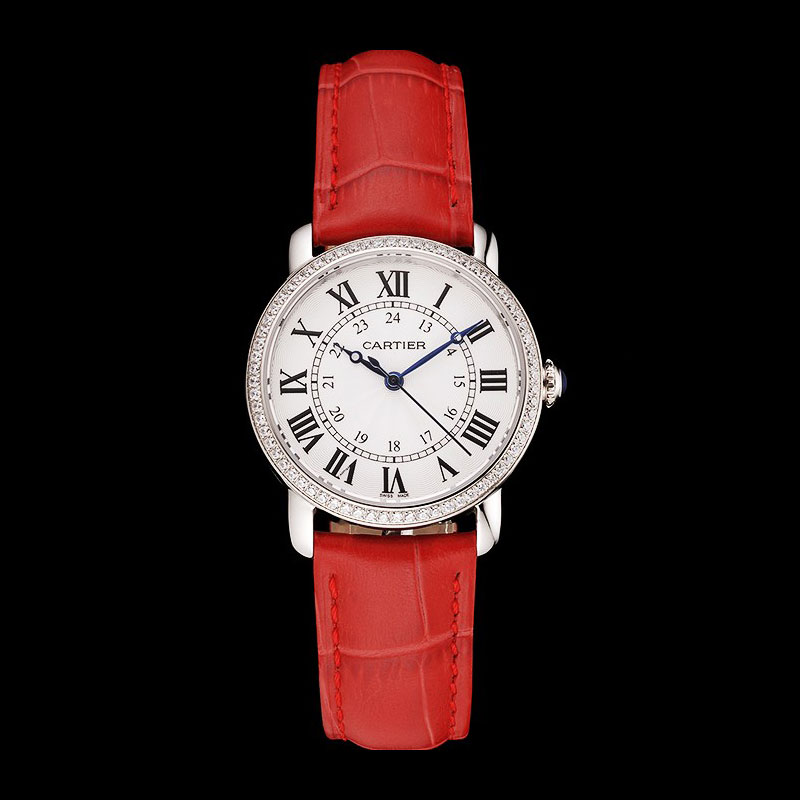 Cartier Ronde White Dial Diamond Bezel Stainless Steel Case Red Leather Strap CTR5979