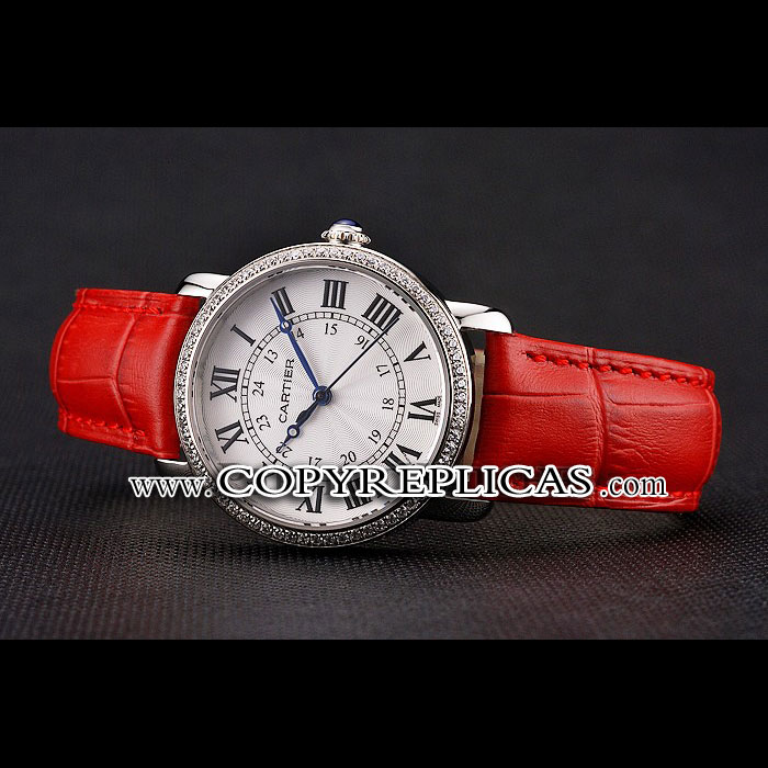 Cartier Ronde White Dial Diamond Bezel Stainless Steel Case Red Leather Strap CTR5979 - Photo-2