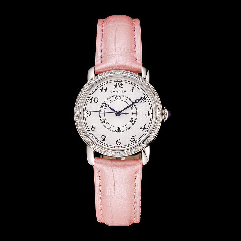 Cartier Ronde White Dial Diamond Bezel Stainless Steel Case Pink Leather Strap CTR5980