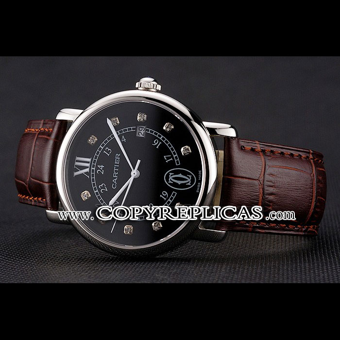 Cartier Ronde Solo Black Dial Diamond Hour Marks Stainless Steel Case Brown Strap CTR5983 - Photo-2