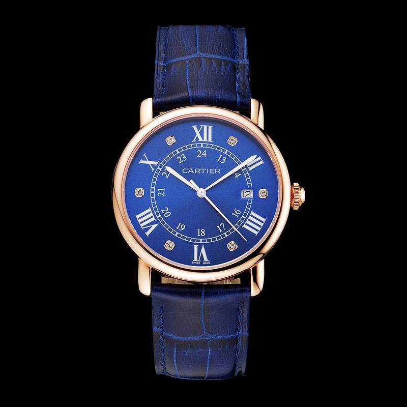 Cartier Ronde Solo Blue Dial Diamond Hour Marks Rose Gold Case Blue Leather Strap CTR5986