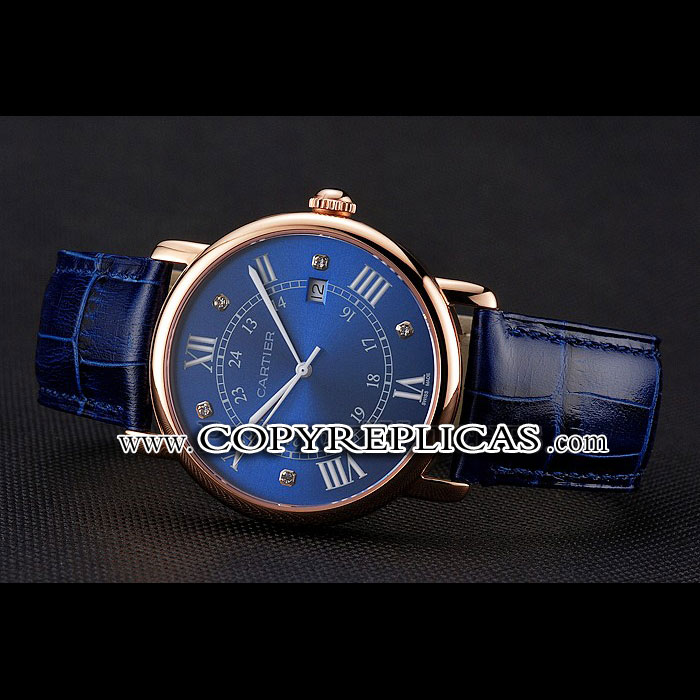 Cartier Ronde Solo Blue Dial Diamond Hour Marks Rose Gold Case Blue Leather Strap CTR5986 - Photo-2