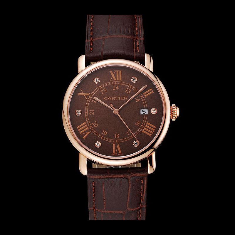 Cartier Ronde Solo Brown Dial Diamond Hour Marks Rose Gold Case Brown Leather Strap CTR5987