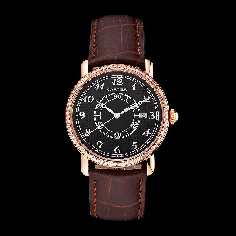 Cartier Ronde Solo Black Dial Diamond Bezel Rose Gold Case Brown Leather Strap CTR5988