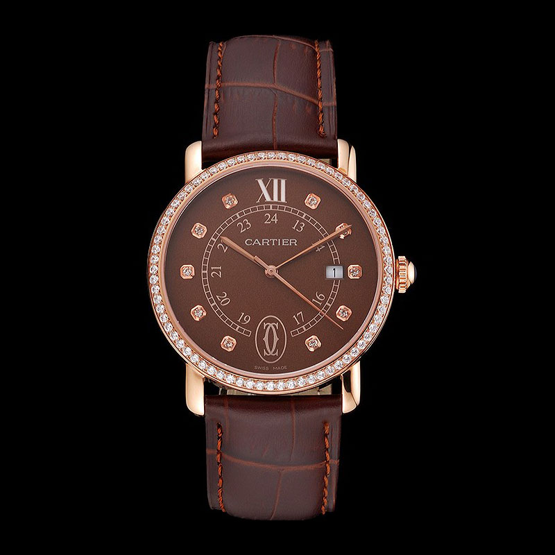 Cartier Ronde Solo Brown Dial Diamond Hour Marks And Bezel Rose Gold Leather Strap CTR5990