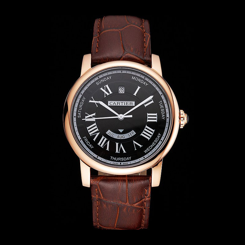 Swiss Cartier Rotonde Annual Calendar Black Dial Rose Gold Case Brown Leather Strap CTR5993