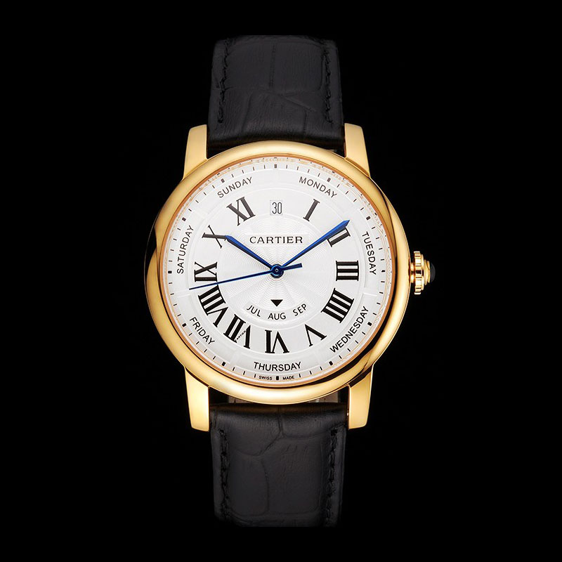 Swiss Cartier Rotonde Annual Calendar White Dial Gold Case Black Leather Strap CTR6003