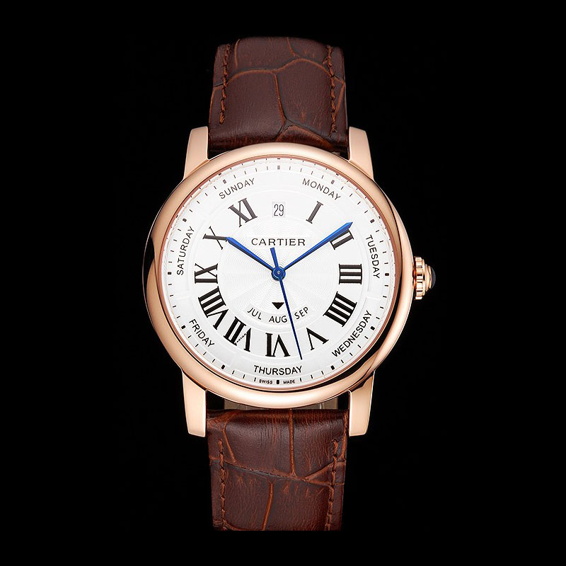 Swiss Cartier Rotonde Annual Calendar White Dial Rose Gold Case Brown Leather Strap CTR6004