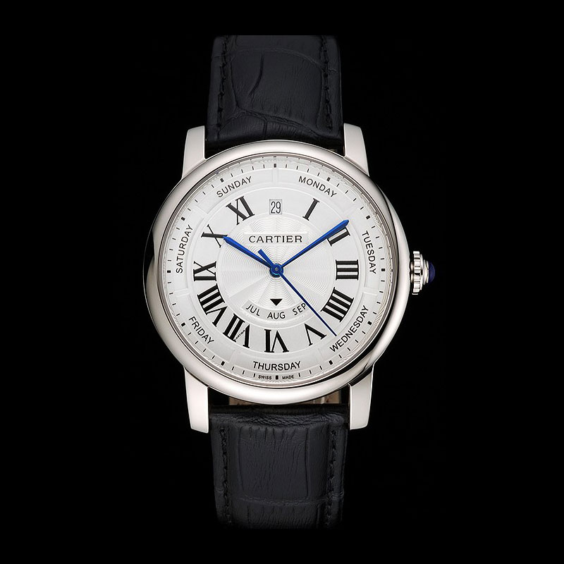 Swiss Cartier Rotonde Annual Calendar White Dial Stainless Steel Case Black Strap CTR6012