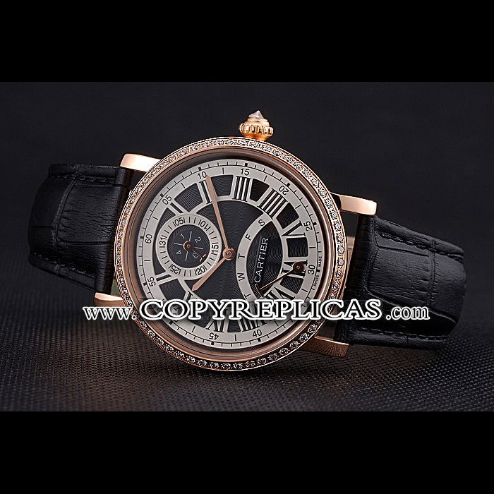 Cartier Rotonde Black And White Dial Gold Case With Jewels Black Leather Strap CTR6032 - Photo-2