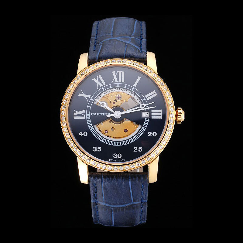 Swiss Cartier Rotonde Small Complication Blue Dial Gold Diamond Case Blue Leather Strap CTR6035