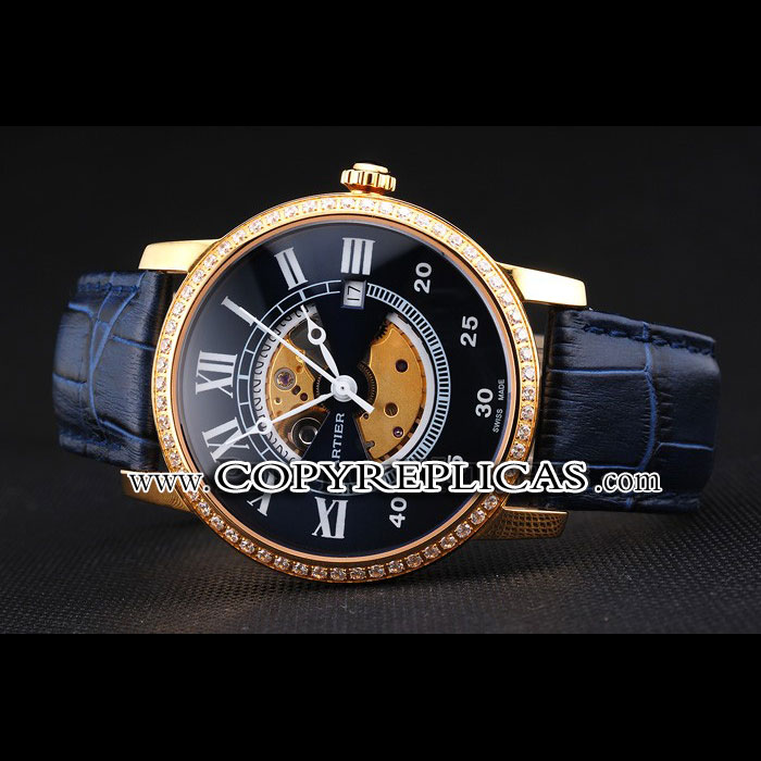Swiss Cartier Rotonde Small Complication Blue Dial Gold Diamond Case Blue Leather Strap CTR6035 - Photo-2