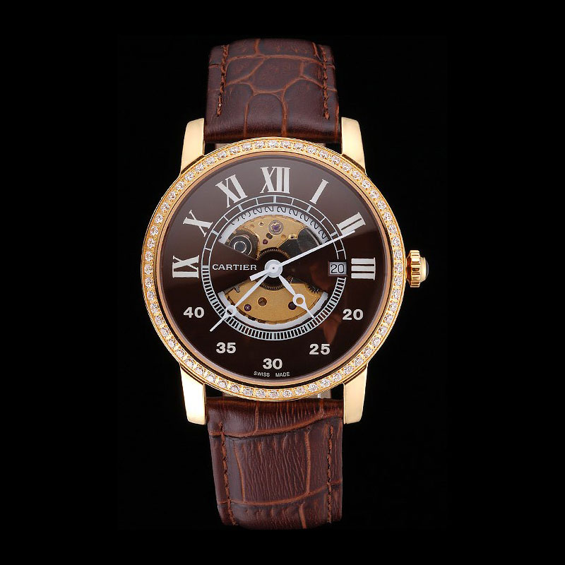 Swiss Cartier Rotonde Small Complication Brown Dial Gold Diamond Case Brown Strap CTR6036