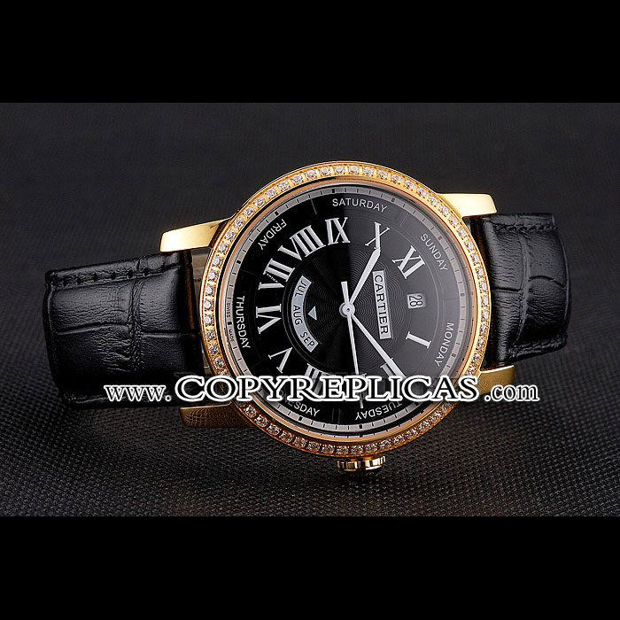Swiss Cartier Rotonde Annual Calendar Black Dial Diamond Bezel Gold Case Black Strap CTR6040 - Photo-2