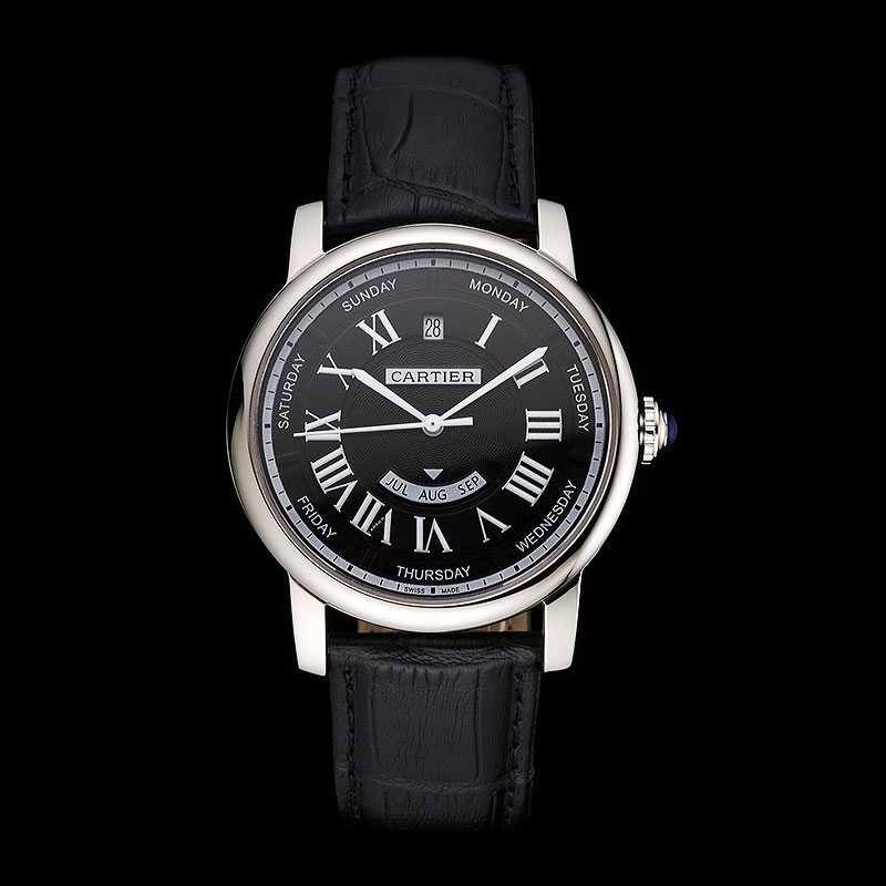 Swiss Cartier Rotonde Annual Calendar Black Dial Stainless Steel Case Black Strap CTR6042
