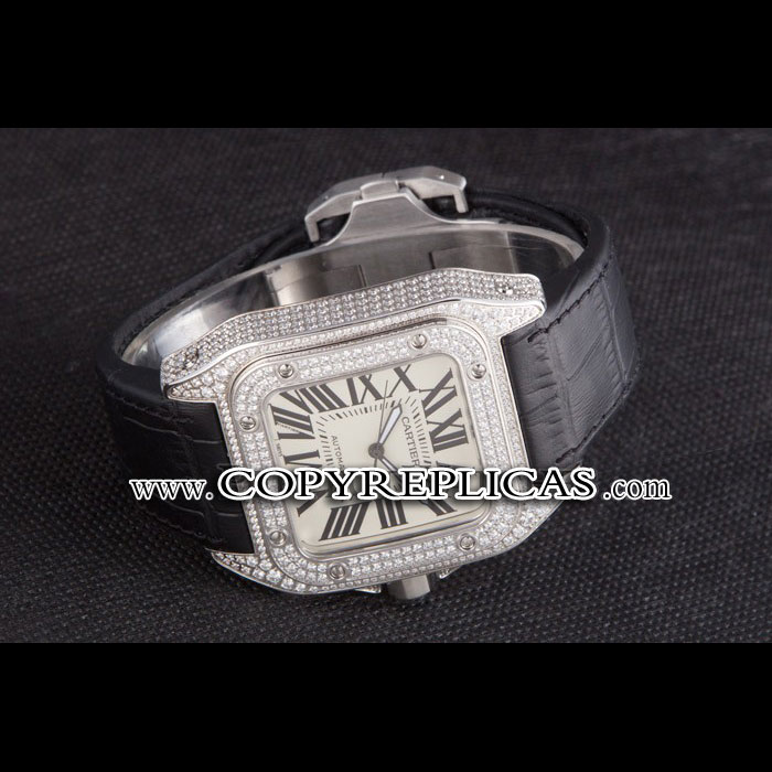 Swiss Cartier Santos Silver Bezel with Diamonds and Black Leather Strap sct47 CTR6044 - Photo-2