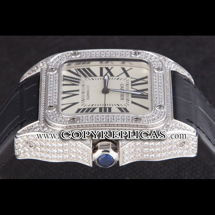 Swiss Cartier Santos Silver Bezel with Diamonds and Black Leather Strap sct47 CTR6044 - Photo-3