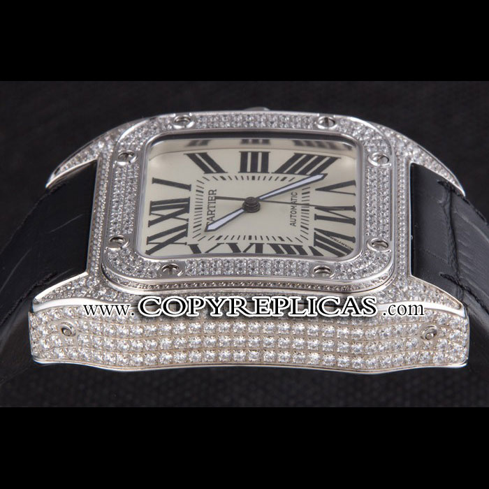 Swiss Cartier Santos Silver Bezel with Diamonds and Black Leather Strap sct47 CTR6044 - Photo-4