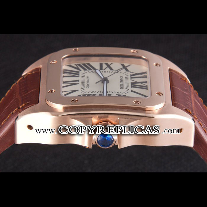Swiss Cartier Santos Rose Gold with Brown Leather Strap CTR6048 - Photo-3