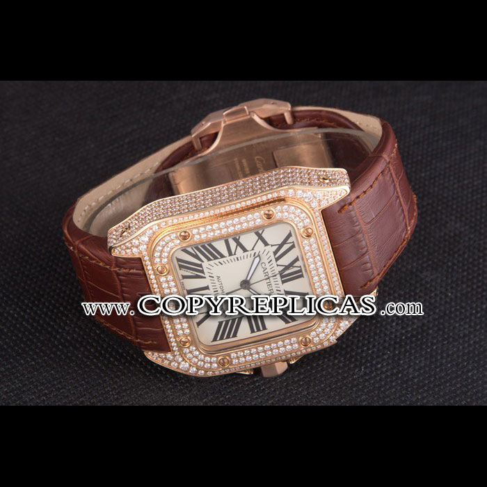 Swiss Cartier Santos Rose Gold Bezel with Diamonds and Brown Leather Strap sct46 CTR6050 - Photo-2