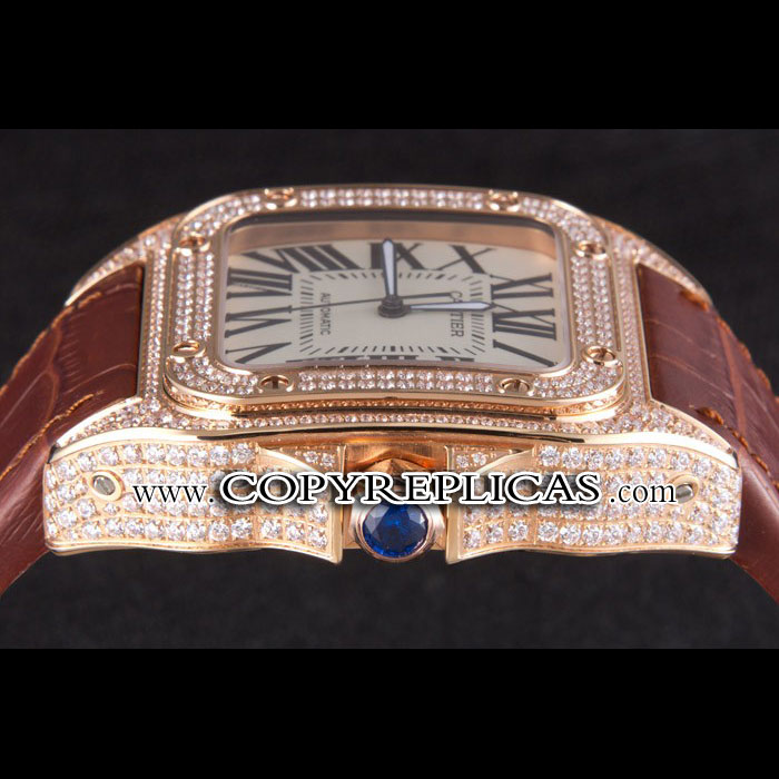 Swiss Cartier Santos Rose Gold Bezel with Diamonds and Brown Leather Strap sct46 CTR6050 - Photo-3