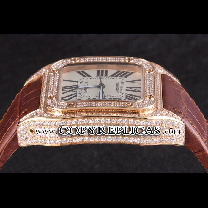 Swiss Cartier Santos Rose Gold Bezel with Diamonds and Brown Leather Strap sct46 CTR6050 - Photo-4