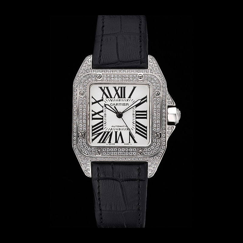 Swiss Cartier Santos Dumont Diamond Case White Dial Roman Numerals Black Bracelet CTR6061