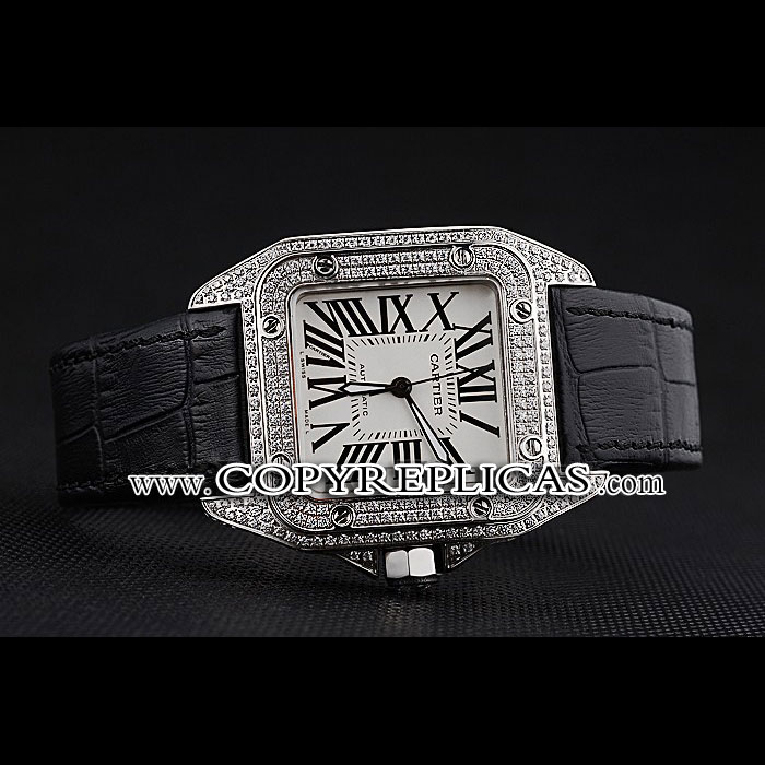 Swiss Cartier Santos Dumont Diamond Case White Dial Roman Numerals Black Bracelet CTR6061 - Photo-2