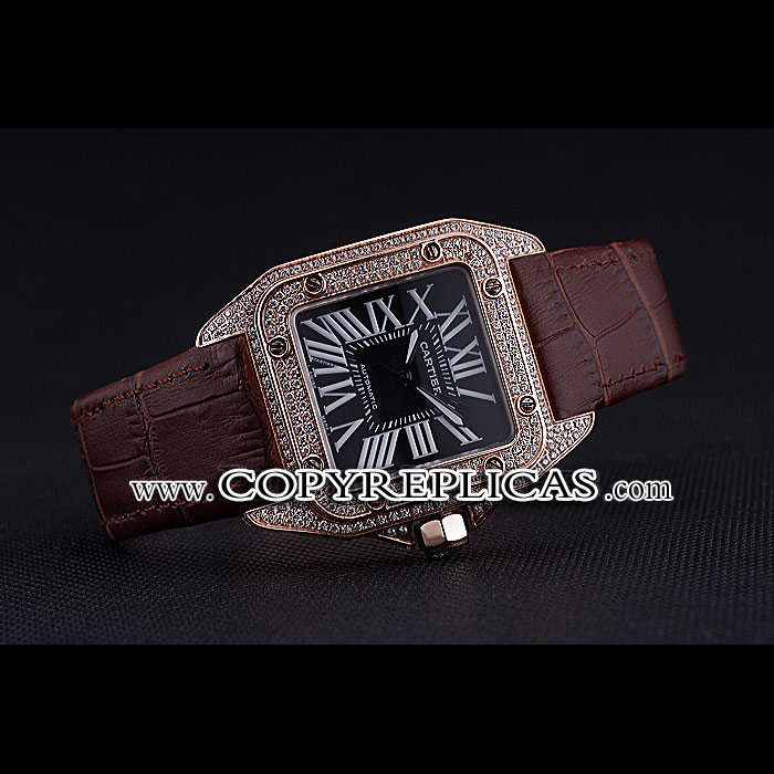 Swiss Cartier Santos Black Dial Diamonds Case Brown Leather Bracelet CTR6077 - Photo-2