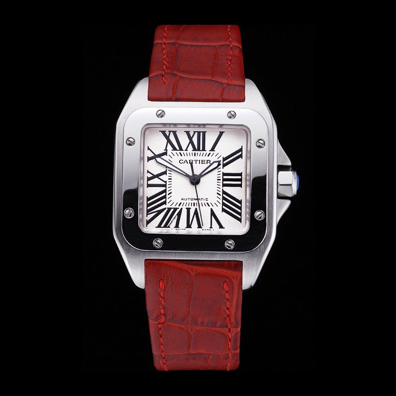 Swiss Cartier Santos White Dial Stainless Steel Case Red Leather Bracelet CTR6078