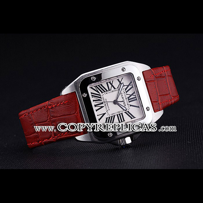 Swiss Cartier Santos White Dial Stainless Steel Case Red Leather Bracelet CTR6078 - Photo-2