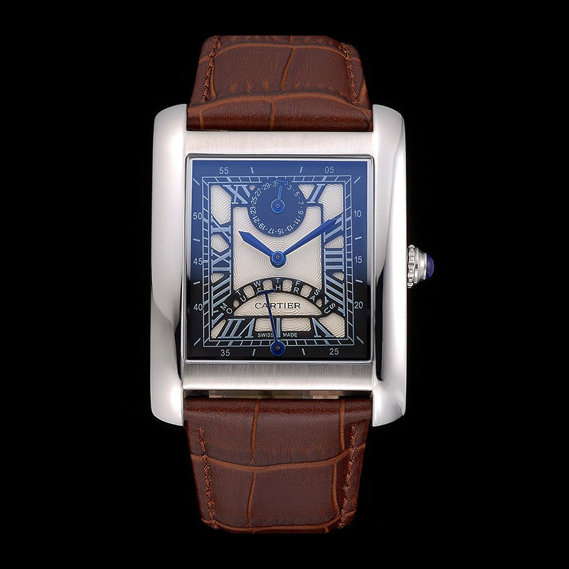 Cartier Tank Black And White Dial Stainless Steel Case Brown Leather Strap CTR6083