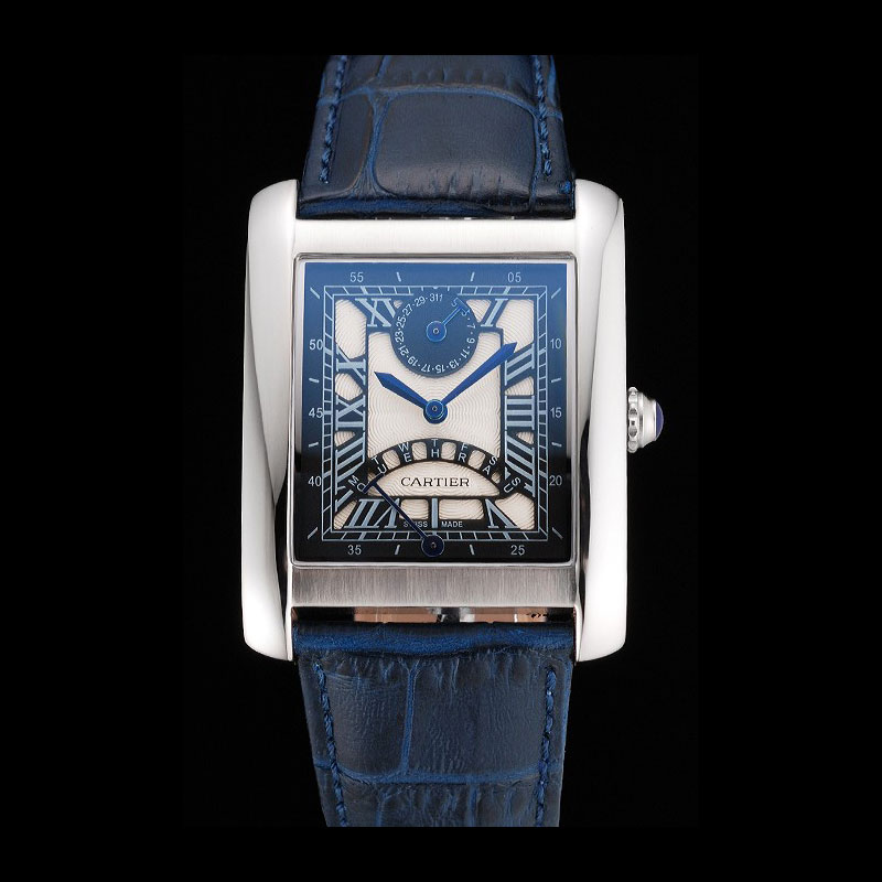 Cartier Tank White Dial Stainless Steel Case Blue Leather Strap CTR6084