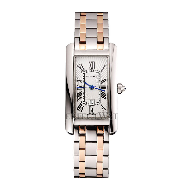 Cartier Tank Americaine 21mm White Dial Stainless Steel Case Two Tone Bracelet CTR6085