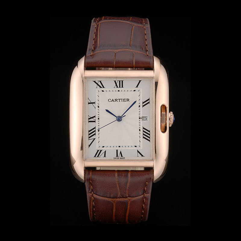 Cartier Tank Anglaise 36mm White Dial Gold Case Brown Leather Bracelet CTR6091