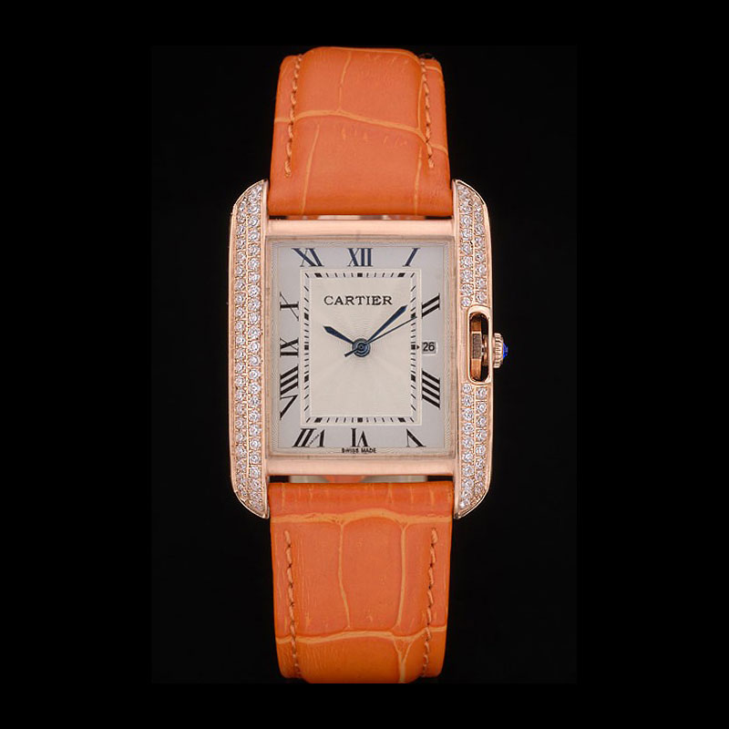 Cartier Tank Anglaise 30mm White Dial Diamonds Gold Case Orange Leather Bracelet CTR6100