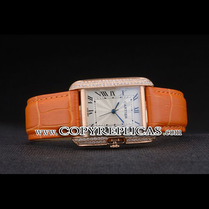 Cartier Tank Anglaise 30mm White Dial Diamonds Gold Case Orange Leather Bracelet CTR6100 - Photo-2