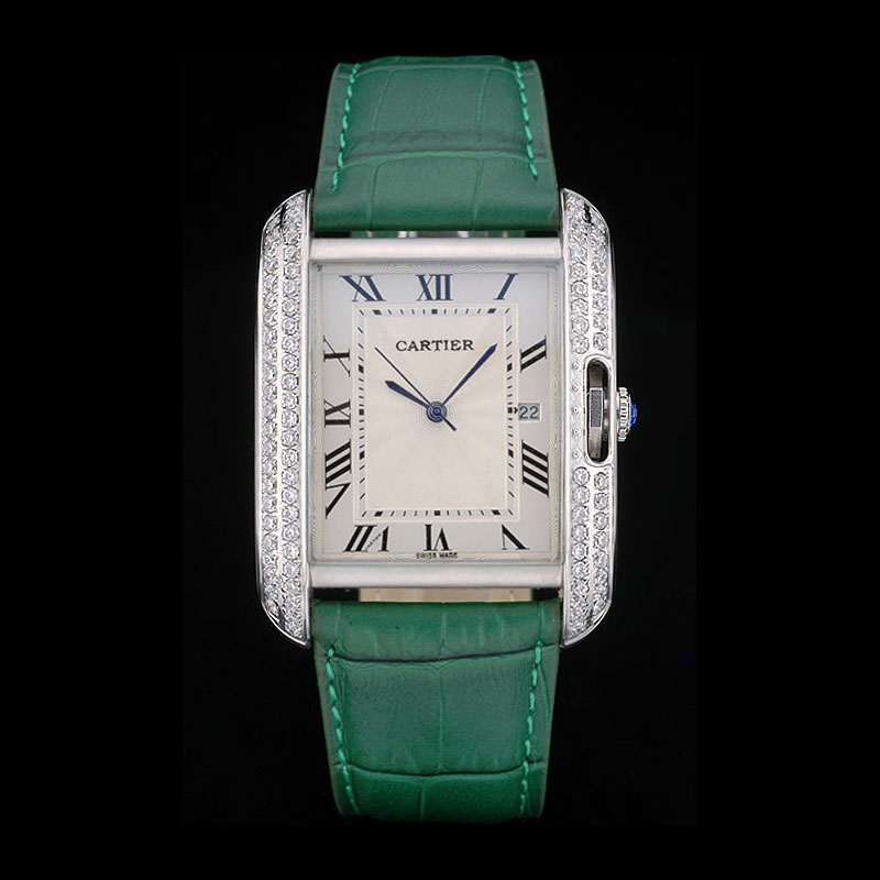 Cartier Tank Anglaise 36mm White Dial Diamonds Steel Case Green Leather Bracelet CTR6107
