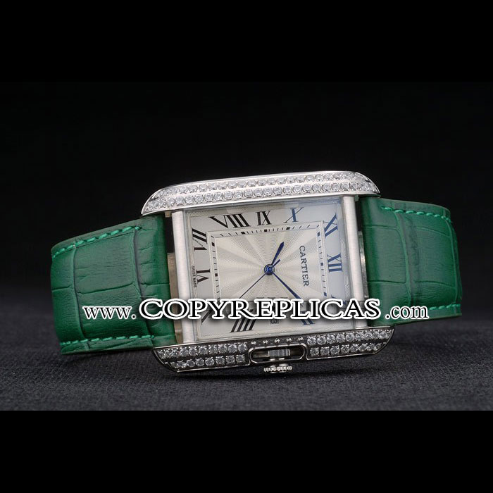 Cartier Tank Anglaise 36mm White Dial Diamonds Steel Case Green Leather Bracelet CTR6107 - Photo-2