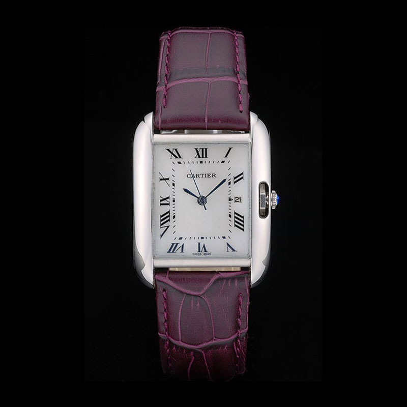 Cartier Tank Anglaise 30mm White Dial Stainless Steel Case Purple Leather Bracelet CTR6108