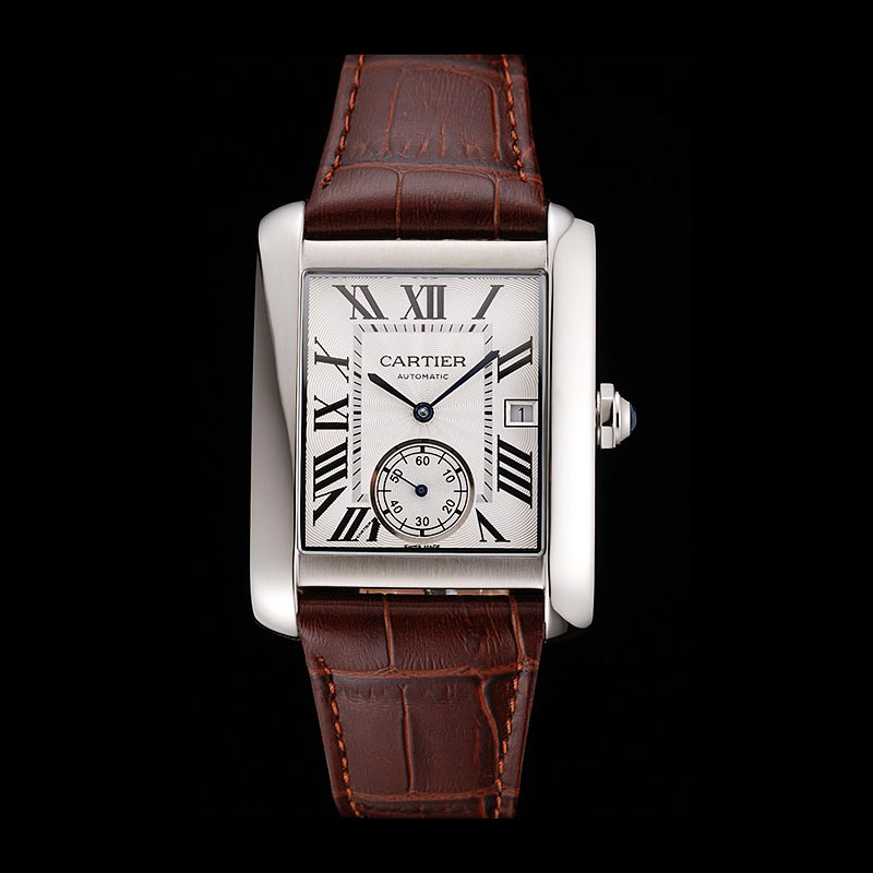 Swiss Cartier Tank MC White Dial Stainless Steel Case Brown Leather Strap CTR6122