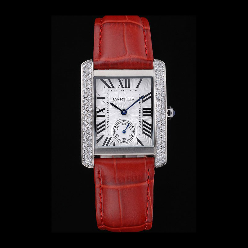 Cartier Tank MC Stainless Steel Diamond Case White Dial Red Leather Strap CTR6123