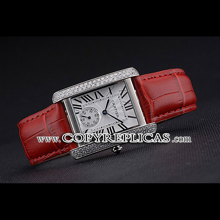 Cartier Tank MC Stainless Steel Diamond Case White Dial Red Leather Strap CTR6123 - Photo-2