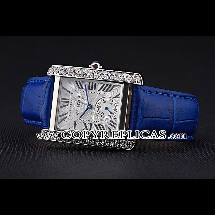 Cartier Tank MC Stainless Steel Diamond Case White Dial Blue Leather Strap CTR6130 - Photo-2